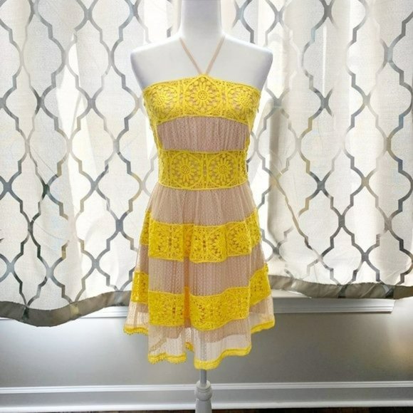 foxiedox Dresses & Skirts - Foxiedox Yellow Floral Lace Mia Halter Dress